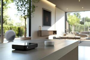 Modern smart home devices on a sleek table in sunlight photo