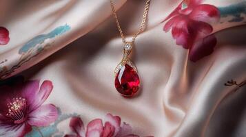 Ruby Pendant Showcased with Silk Elegance and Luxury photo