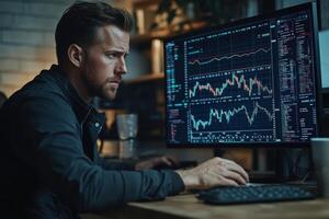 Focused trader analyzing market trends late at night photo