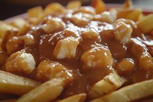 Savory poutine loaded with cheese curds and gravy photo
