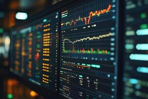 Analyzing market trends on bright digital screens at night photo