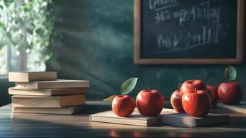 Classroom environment with apples, books, and chalkboard supplies. photo