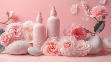Soft Pink Roses and Smooth Lotion Bottles Against a Pastel Background photo