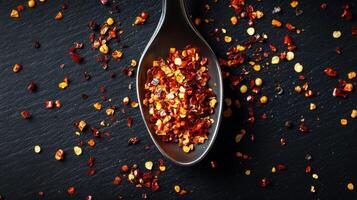A spoonful of crushed red chili flakes placed on a dark table surface. photo