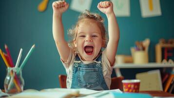 A Child's Triumphant Moment in a Colorful Classroom photo