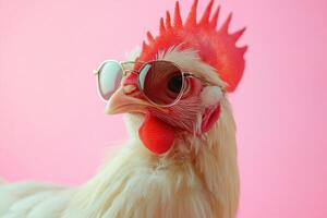 A stylish chicken sporting sunglasses against a pink backdrop photo