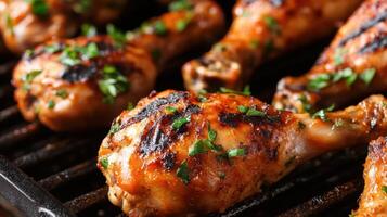Detailed view of savory grilled chicken legs with parsley. photo