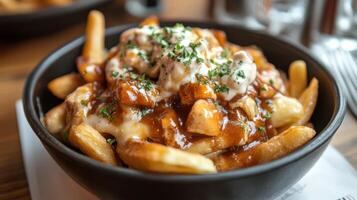 Detailed view of poutine, showcasing the signature Canadian comfort food. photo