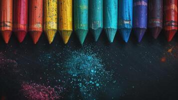 A Rainbow of Crayons Explodes With Color On A Dark Canvas photo