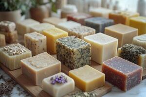 Artisan soap selection at a cozy market stand photo