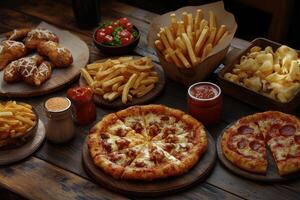 Enjoying a feast of pizza and sides with friends photo