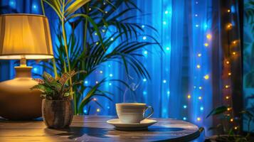 A Cozy Evening With Warm Lights and Steam Rising From a Cup of Tea photo