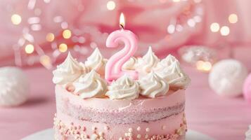A Pink Birthday Cake With a Single Candle for a Second Birthday Celebration photo