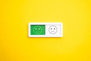 Good mood. Satisfaction and approval. Service satisfaction. Quality assessment, meet expectations. Measure joy and contentment. Communication and feedback concept. photo