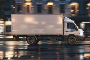3d render motion, blank white delivery truck on road, side view. highway, lorry. fast delivery concept. photo
