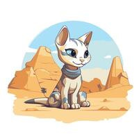 A cartoon cat sitting in the desert with mountains in the background vector