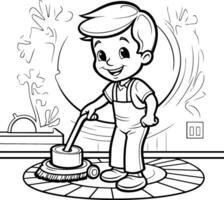 Coloring pages for kids with a boy cleaning the floor vector