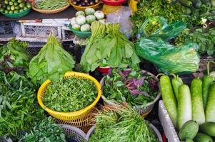 Various vegetables and herbs on the market in baskets. photo