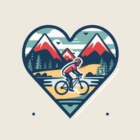 A cyclist riding in a heart shape with mountains and trees vector