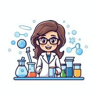 A cartoon woman in a lab coat and glasses is standing in front of a table with various chemicals vector