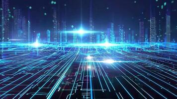 A futuristic digital landscape with glowing blue lines and data patterns, representing technology and innovation in a virtual world. video