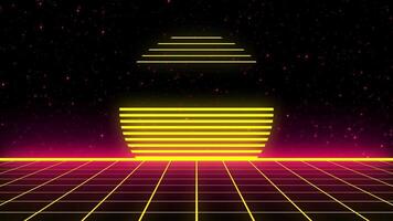 Retro style 80s-90s futuristic grid wireframe backdrop. Digital landscape neon dance style retro party laser pattern background. video