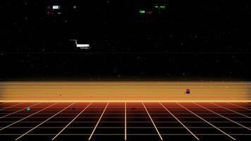 Retro style 80s-90s futuristic grid wireframe backdrop. With Glitch vhs damage effect. Digital landscape neon dance style retro party laser pattern background. video