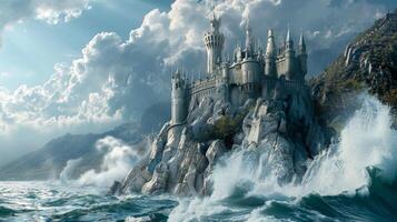 Medieval stone castle perched on a rugged cliff surrounded by stormy ocean waves under a dramatic cloudy sky. Concept of fantasy architecture, magical landscapes, adventure, epic scenery photo