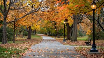 Tranquil park during autumn featuring vibrant fall foliage, lampposts lining the pathway, and a solitary bench. Concept of nature, serenity, seasonal change, countryside, landscape photo