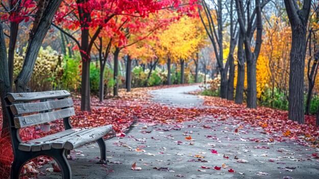 Serene Autumn Park Path with Vibrant Foliage and Empty Bench. Concept of peaceful nature walk, fall colors, tranquil scenery, and solitude in nature photo