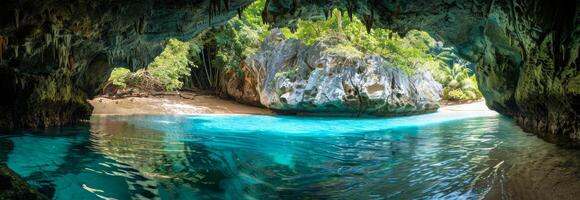 Serene Cove on a Tropical Island with Rugged Cliffs and Turquoise Waters. Concept of Hidden Paradise, Island Exploration, Pristine Nature, Secluded Beaches. Banner photo