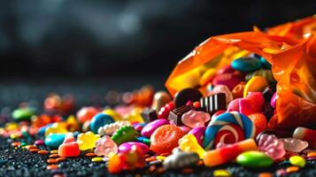 Colorful assortment of candies spilling from an orange bag on a dark surface. Concept of sweets, indulgence, treats, confectionery photo