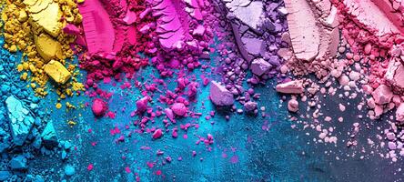A close-up top view of crushed pink and purple eyeshadow powders, creating a vibrant texture and color gradient. Concept of beauty products, cosmetics, and makeup artistry. Background, banner photo