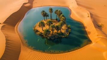 A small hidden oasis in the middle of a vast desert with lush palm trees and pristine water. Concept of desert refuge, remote sanctuary, natural haven, and scenic wilderness photo