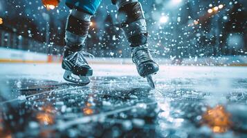 A close-up view of a hockey player's skates in motion on an ice rink, capturing the dynamic spray of ice. The image highlights sports action, hockey equipment, and athletic performance photo