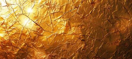 Close-up of textured golden surface with cracks and creases. Concept of luxurious background, abstract art, metallic texture, shiny material. Banner. Copy space photo
