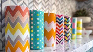 A close-up photo of multiple rolls of colorful paper towels, each featuring a cheerful design with various patterns. Concept of kitchen essentials, creative design, and functional decor