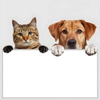 Striped cat and golden dog peek from behind a white banner, curious expressions For Social Media Post Size photo