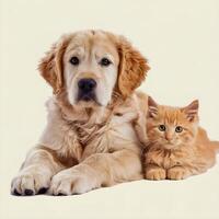 Puppy and kitten lie closely together against a plain white background For Social Media Post Size photo