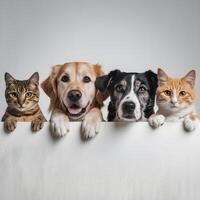 Two cats and two dogs peek over white barrier with expressive eyes For Social Media Post Size photo