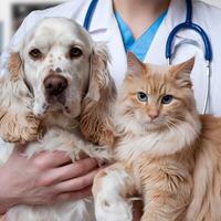 Veterinarian holds dog and cat with stethoscope in focus For Social Media Post Size photo