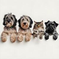 Two dogs and two cats peek over white bar, relaxed For Social Media Post Size photo