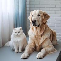 Golden Retriever sits beside white cat, brick wall and window create harmony For Social Media Post Size photo