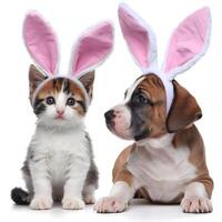Kitten and puppy in bunny ears, kitten gazes forward, puppy looks away For Social Media Post Size photo