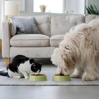 Cat and fluffy dog eating from green bowls on a floor, calm ambiance For Social Media Post Size photo