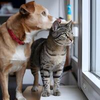 Tabby cat stands behind golden dog near window, both gazing in different directions For Social Media Post Size photo