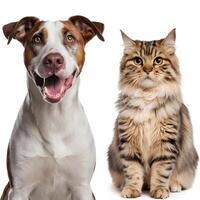 White and brown dog and striped cat with contrasting expressions For Social Media Post Size photo