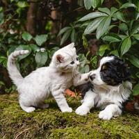 Kitten playfully reaches out to puppy on green moss in lush foliage For Social Media Post Size photo
