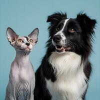 Sphynx cat and Border Collie against light blue background, both exuding calm For Social Media Post Size photo