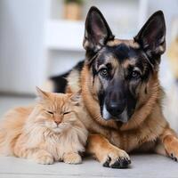 German Shepherd rests beside a golden cat, both on a light floor, blurred background For Social Media Post Size photo